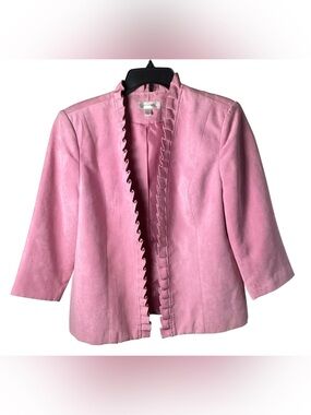 dressbarn Pink Faux Suede Ruffle-Trim Blazer